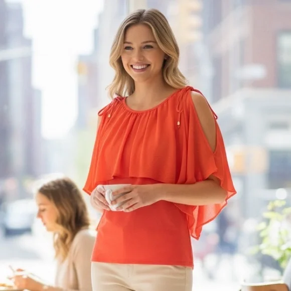 Michael Kors Open Shoulder Orange Blouse for Women Size Petite P - Picture 2 of 14